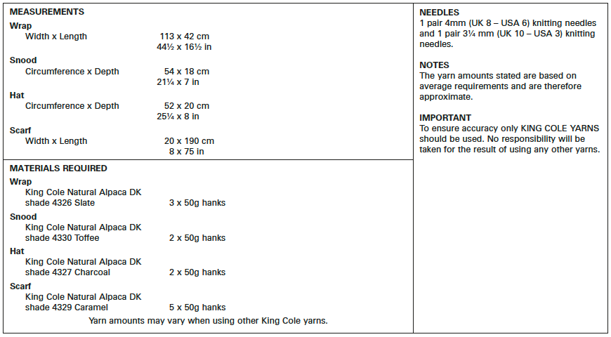 King Cole Pattern No. 5490 Wrap, Snood, Hat & Scarf