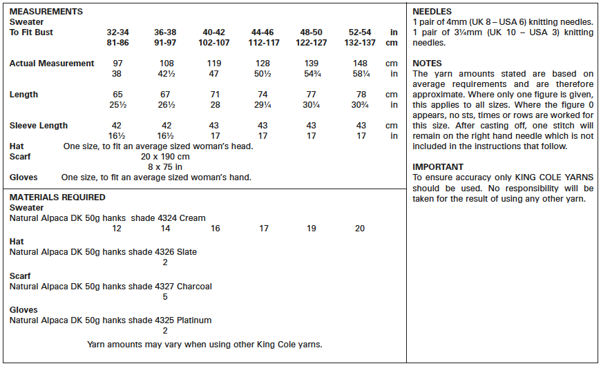 King Cole Pattern No. 5491 Ladies Sweater, Hat, Scarf & Gloves