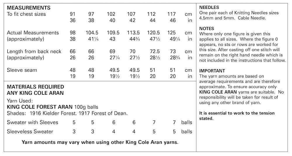 King Cole Forest Aran Pattern 5659 Sweater & Sleeveless Sweater