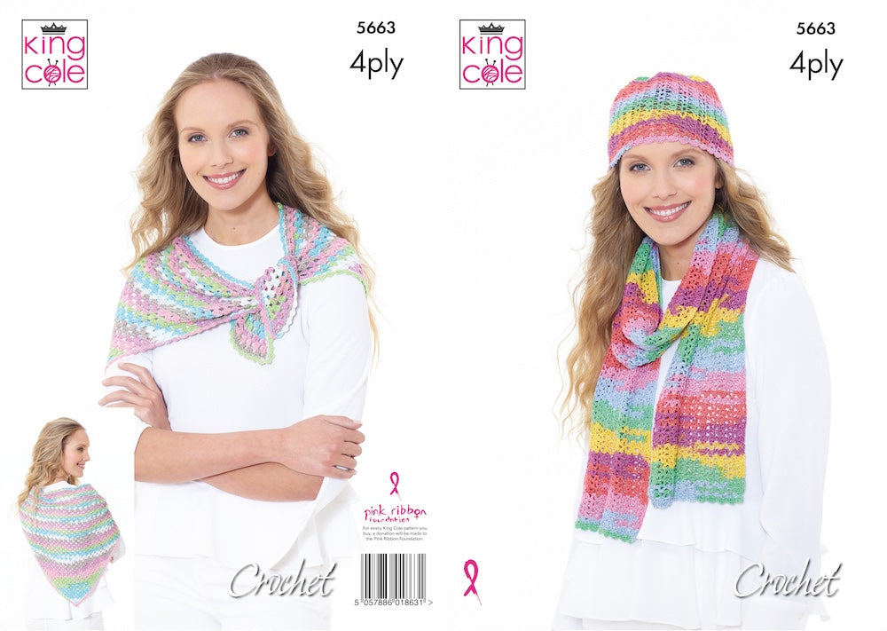 King Cole Summer 5663 4ply Pattern Scarf, Hat & Triangular Wrap
