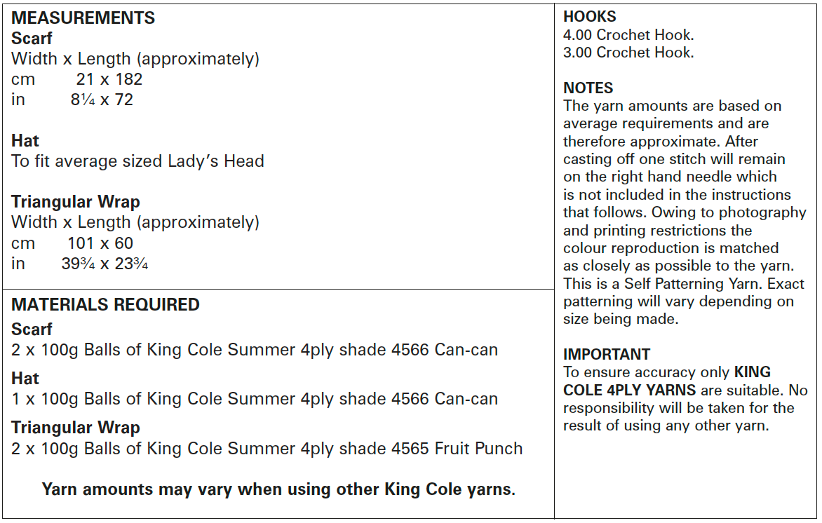 King Cole Summer 5663 4ply Pattern Scarf, Hat & Triangular Wrap