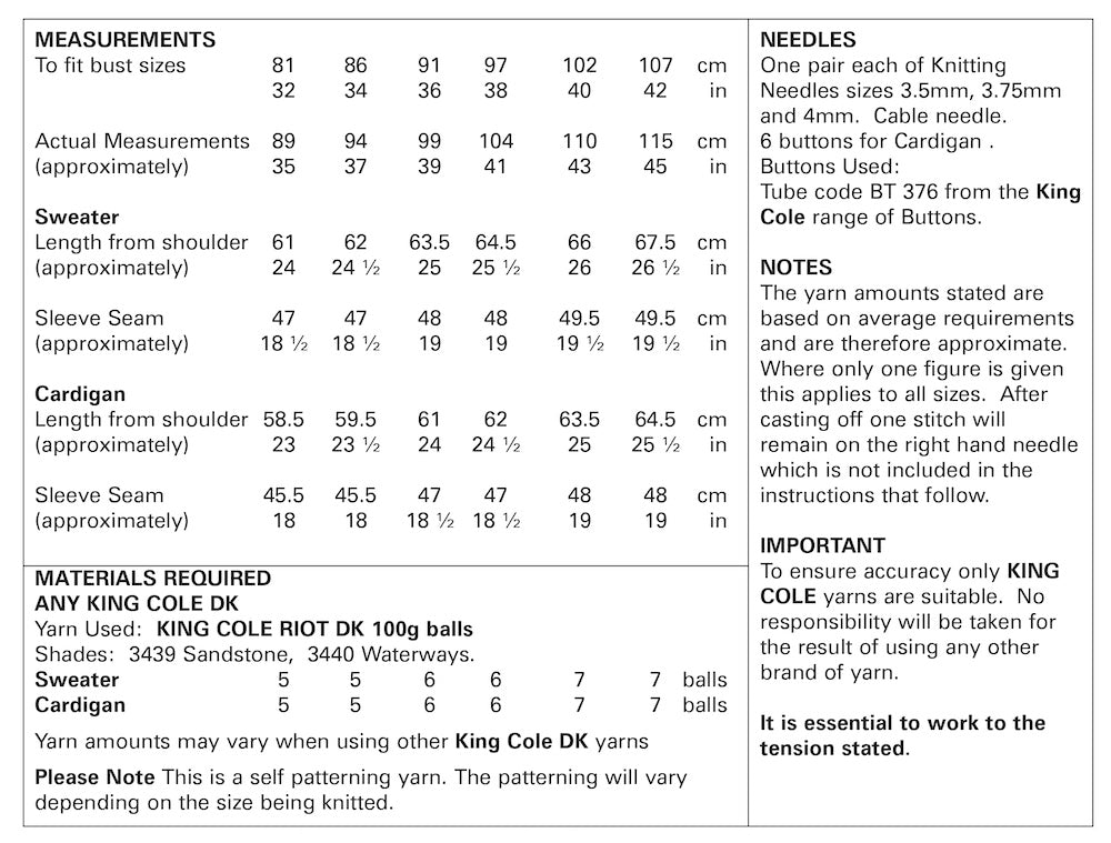 King Cole Riot DK Pattern 5713 Sweater & Cardigan