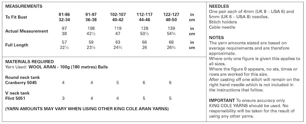 King Cole Wool Aran Knitting Pattern No: 5958 Ladies Round & V Neck Tanks