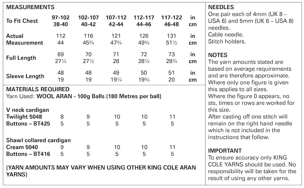 King Cole Wool Aran Knitting Pattern No: 5960 Mens V & Collared Cardigans