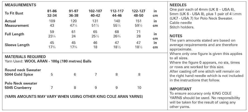 King Cole Wool Aran Knitting Pattern No: 5963 Ladies Sweater