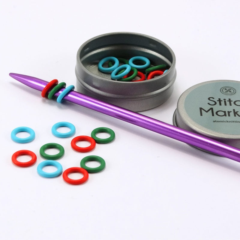 Atomic Knitting 30 EPDM Snag-Free Rubber Knitting Stitch Markers & Tin