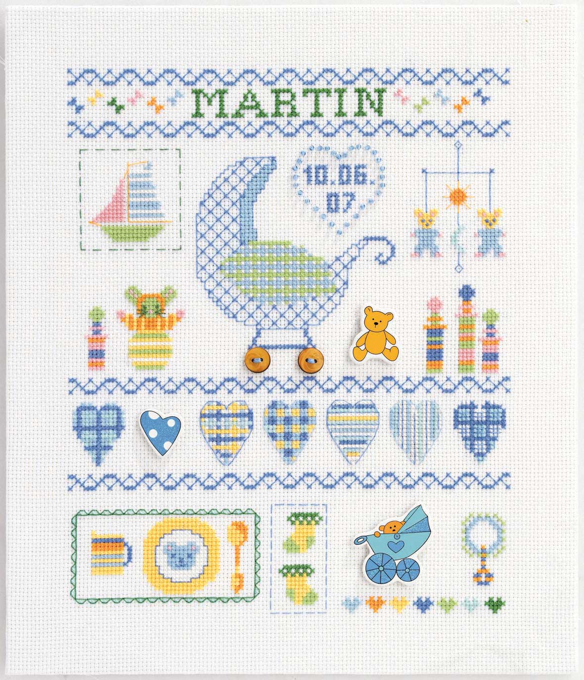 DMC Patchwork Birth Sampler - valleywools
