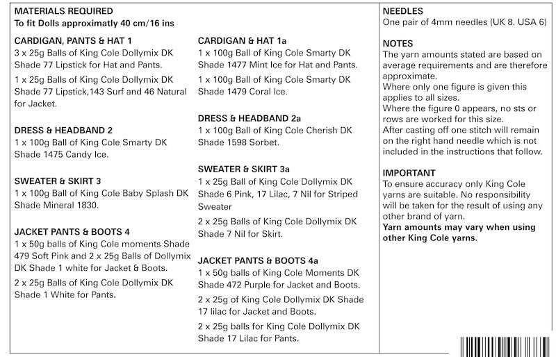 King Cole Pattern No. 4000 Dolls Clothes (DK)