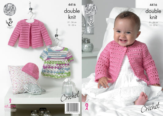 King Cole Pattern 4416 Crochet Dress, Cardigan & Hat