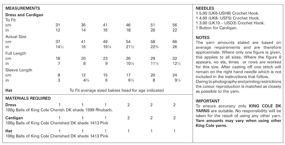 King Cole Pattern 4416 Crochet Dress, Cardigan & Hat