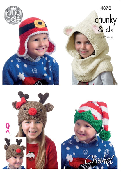 King Cole Pattern No. 4870 Crochet Kid's Novelty Hats