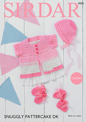 Sirdar Snuggly Pattercake 4920 Crochet Cardigan, Bonnet, Mittens