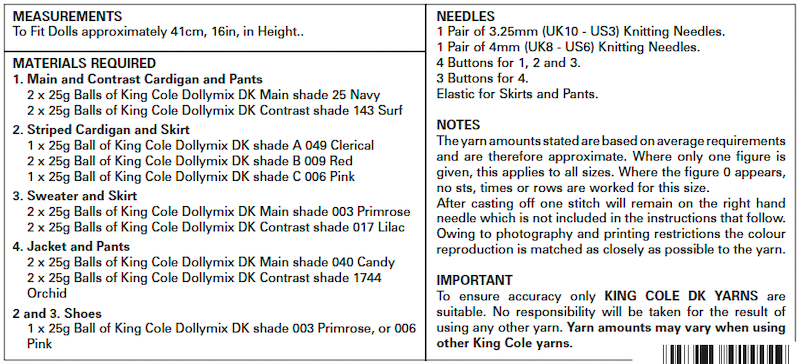 King Cole Pattern No. 5571 Dolls Clothes DK