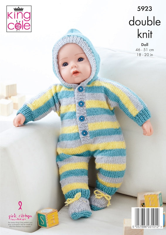 King Cole Pattern 5923 Doll Babygrow, Bootees, Jacket, Leggings & Hat