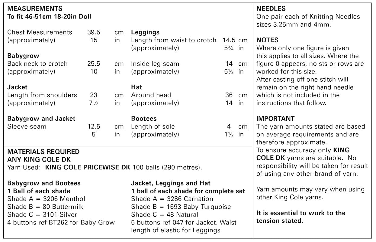 King Cole Pattern 5923 Doll Babygrow, Bootees, Jacket, Leggings & Hat