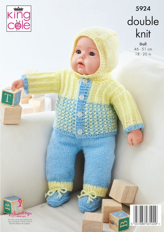 King Cole Pattern 5924 Doll Top, Pants, Hat, Bootees, Jacket and Helmet