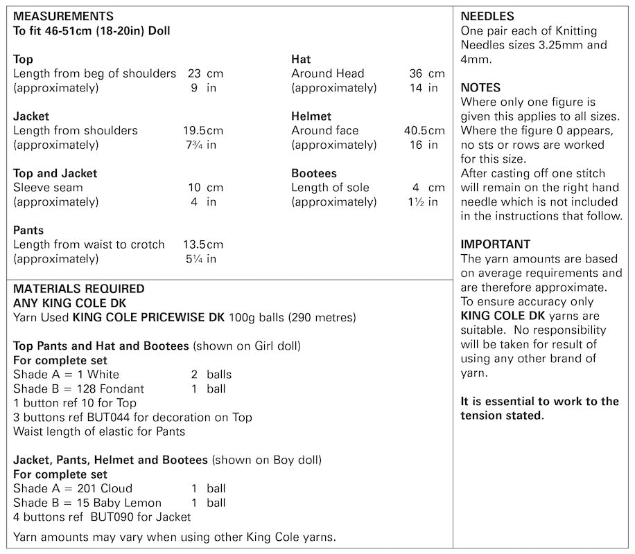 King Cole Pattern 5924 Doll Top, Pants, Hat, Bootees, Jacket and Helmet