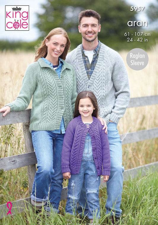 King Cole Wool Aran Knitting Pattern No: 5957 Family Round, Collared & V Neck Cardigan