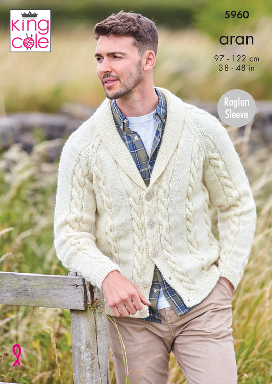 King Cole Wool Aran Knitting Pattern No: 5960 Mens V & Collared Cardigans