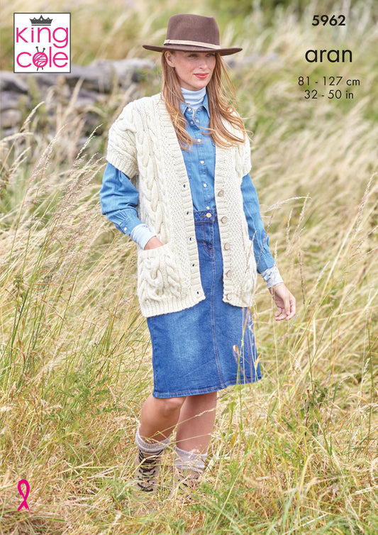 King Cole Wool Aran Knitting Pattern No: 5962 Cardigan and Waistcoat