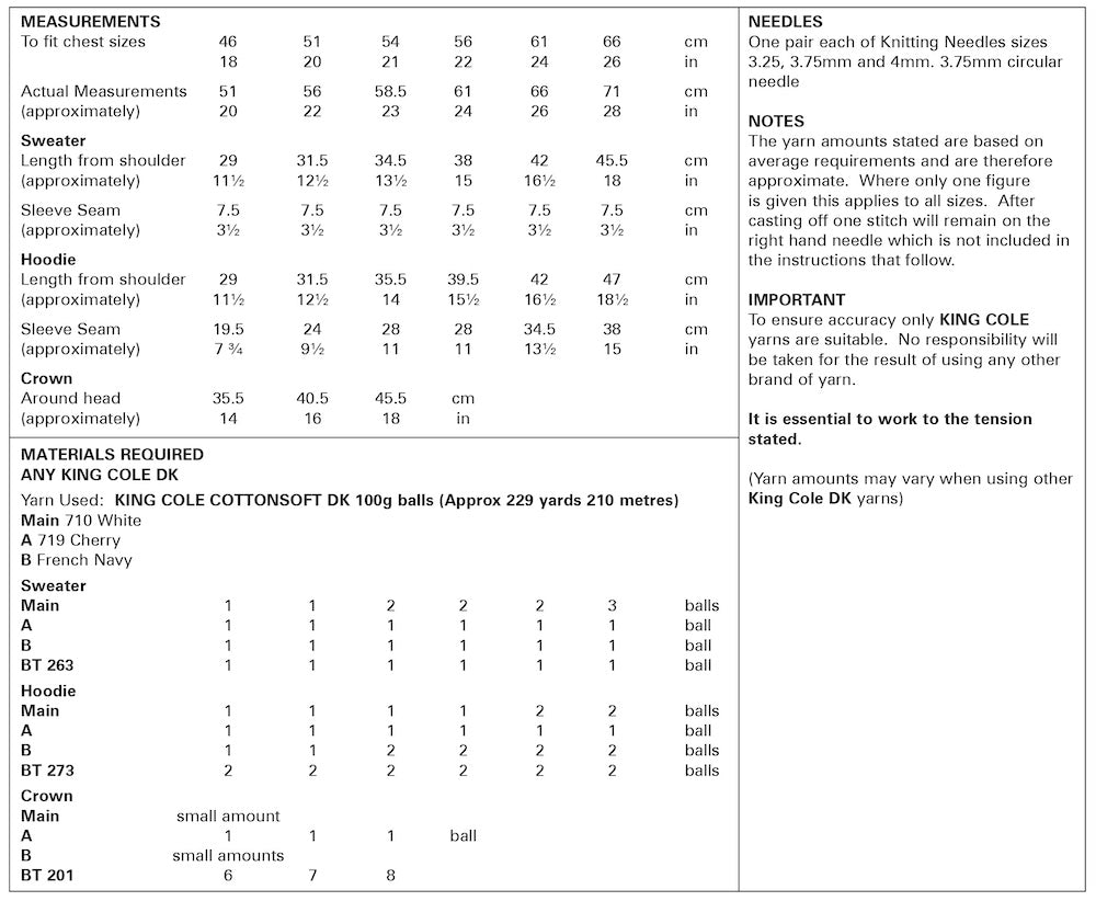 King Cole Knitting Pattern 6023 Sweater, Hoodie & Crown (DK)