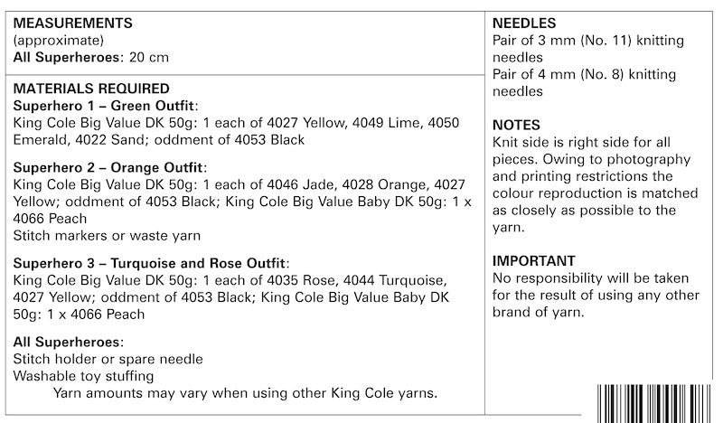 King Cole Pattern No. 9104 Superheroes (DK)