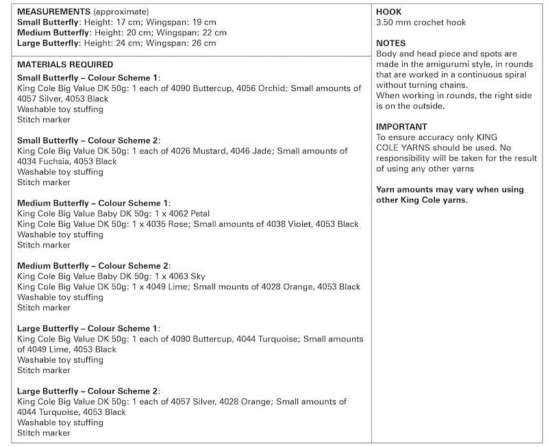 King Cole Pattern 9160 Amigurumi Crocheted Butterflies