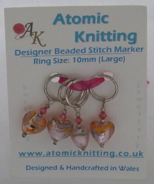 Atomic Knitting 10mm Pink Foil Heart Stitch Markers - valleywools