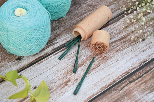 Knit Pro Mindful Collection Teal Wooden Darning Needles in Beech Container - valleywools