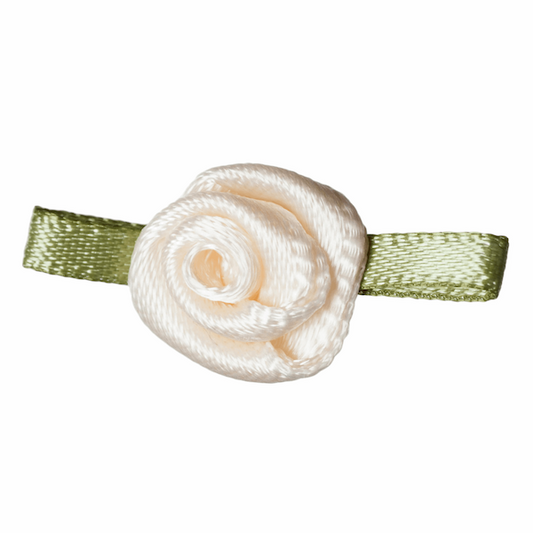 Fabric Embelishments Small Cream Rose with Green Leaves - valleywools